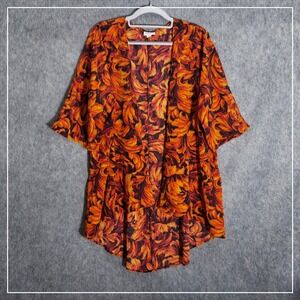 LuLaRoe Kimono Women Small Orange Shirley Open Front High Low Floral Leaf Print